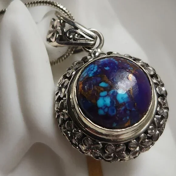 2011 925 Artisian Natural Purple Copper Turquoise Round Pendant 18" Silver Chain - Picture 6 of 10